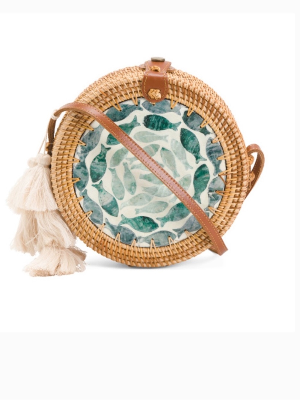 Anthro Boho Round Woven Fish Blue Mosaic Tile Crossbody Shoulder Bag Purse